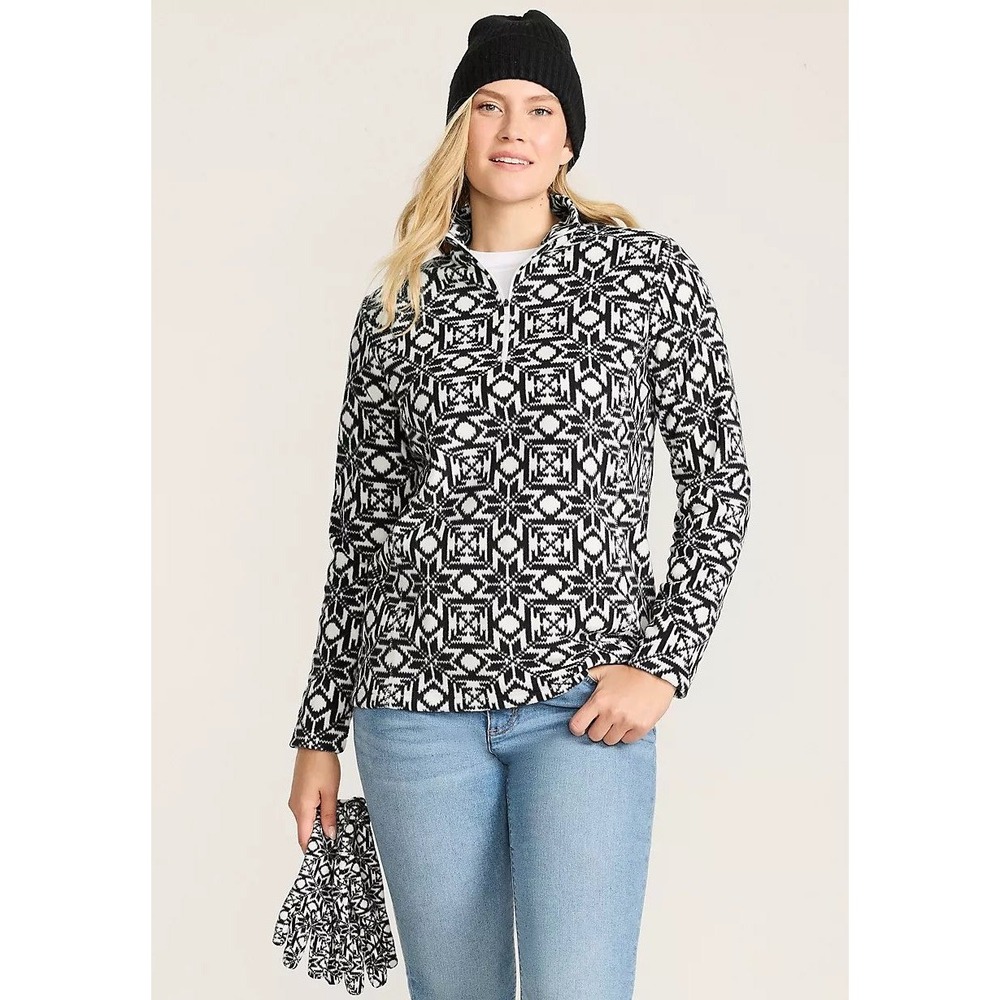 Lands' End Anyweather Fleece Pullover Women Medium Ivory Black NWT Quarter Zip